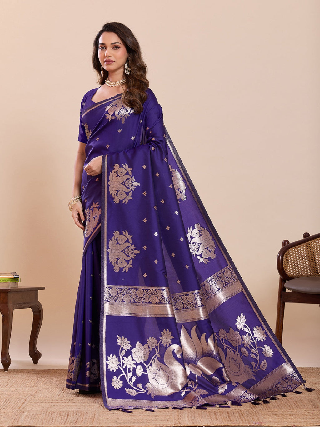 Dwija Fashion Royal Blue Wedding Wear Paithani Silk Jari Weaving On All Over Saree With Unstitched Blouse | Grocsy