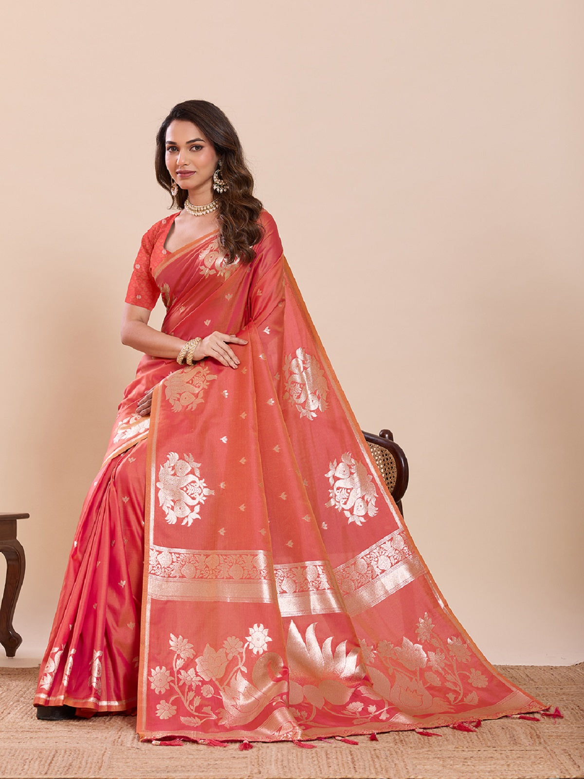 Dwija Fashion Peach Red Wedding Wear Paithani Silk Jari Weaving On All Over Saree With Unstitched Blouse | Grocsy