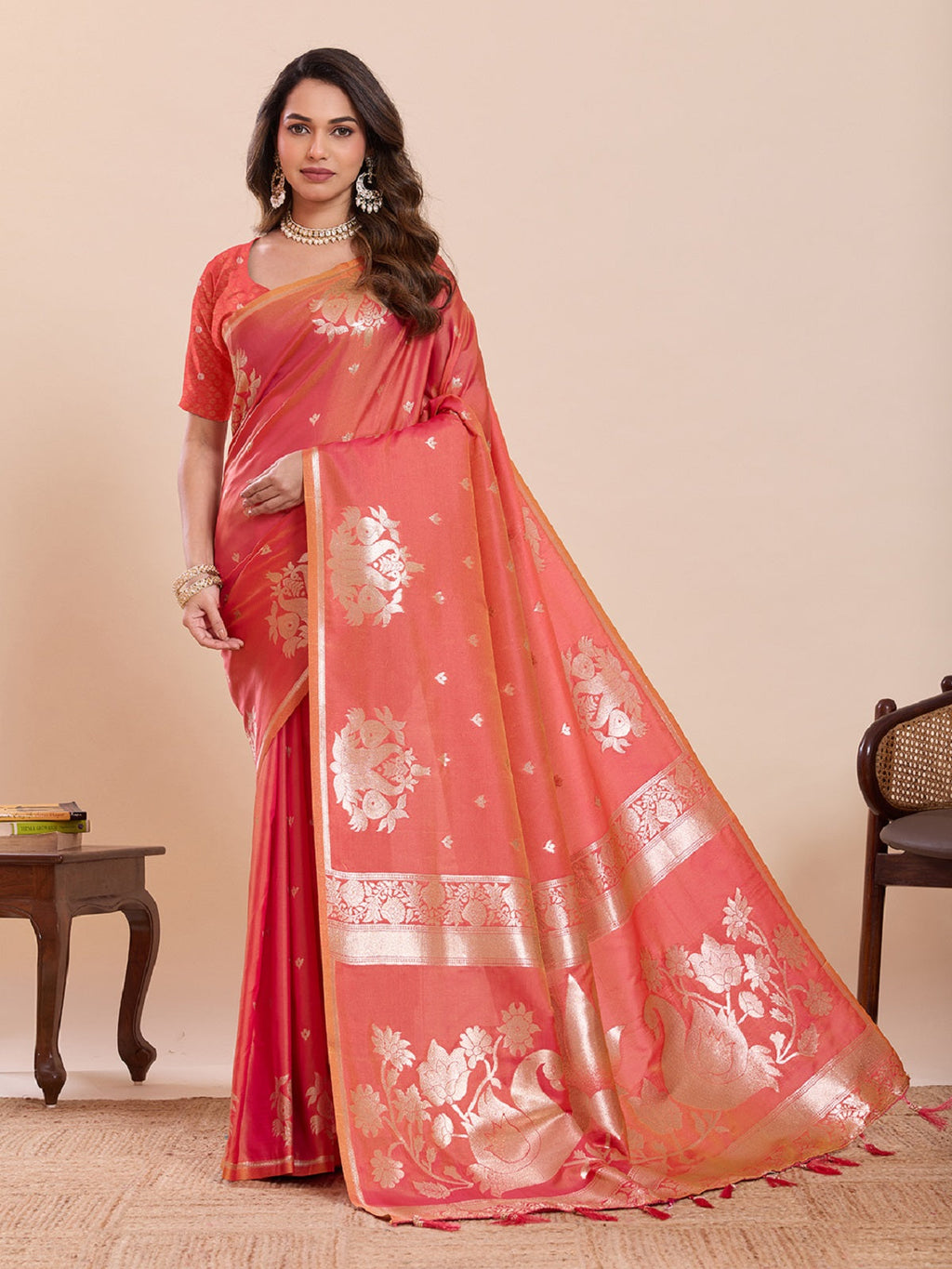 Dwija Fashion Peach Red Wedding Wear Paithani Silk Jari Weaving On All Over Saree With Unstitched Blouse | Grocsy
