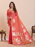Dwija Fashion Peach Red Wedding Wear Paithani Silk Jari Weaving On All Over Saree With Unstitched Blouse | Grocsy