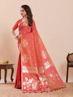 Dwija Fashion Peach Red Wedding Wear Paithani Silk Jari Weaving On All Over Saree With Unstitched Blouse | Grocsy