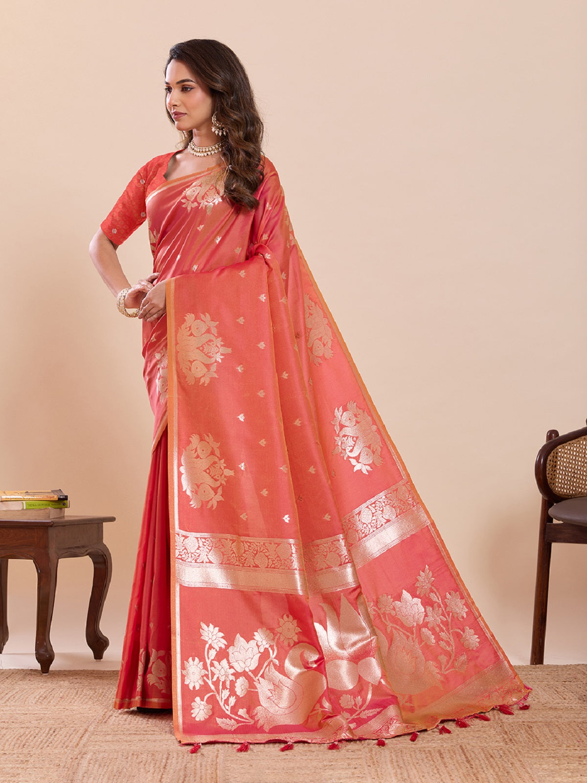 Dwija Fashion Peach Red Wedding Wear Paithani Silk Jari Weaving On All Over Saree With Unstitched Blouse | Grocsy