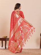 Dwija Fashion Peach Red Wedding Wear Paithani Silk Jari Weaving On All Over Saree With Unstitched Blouse | Grocsy