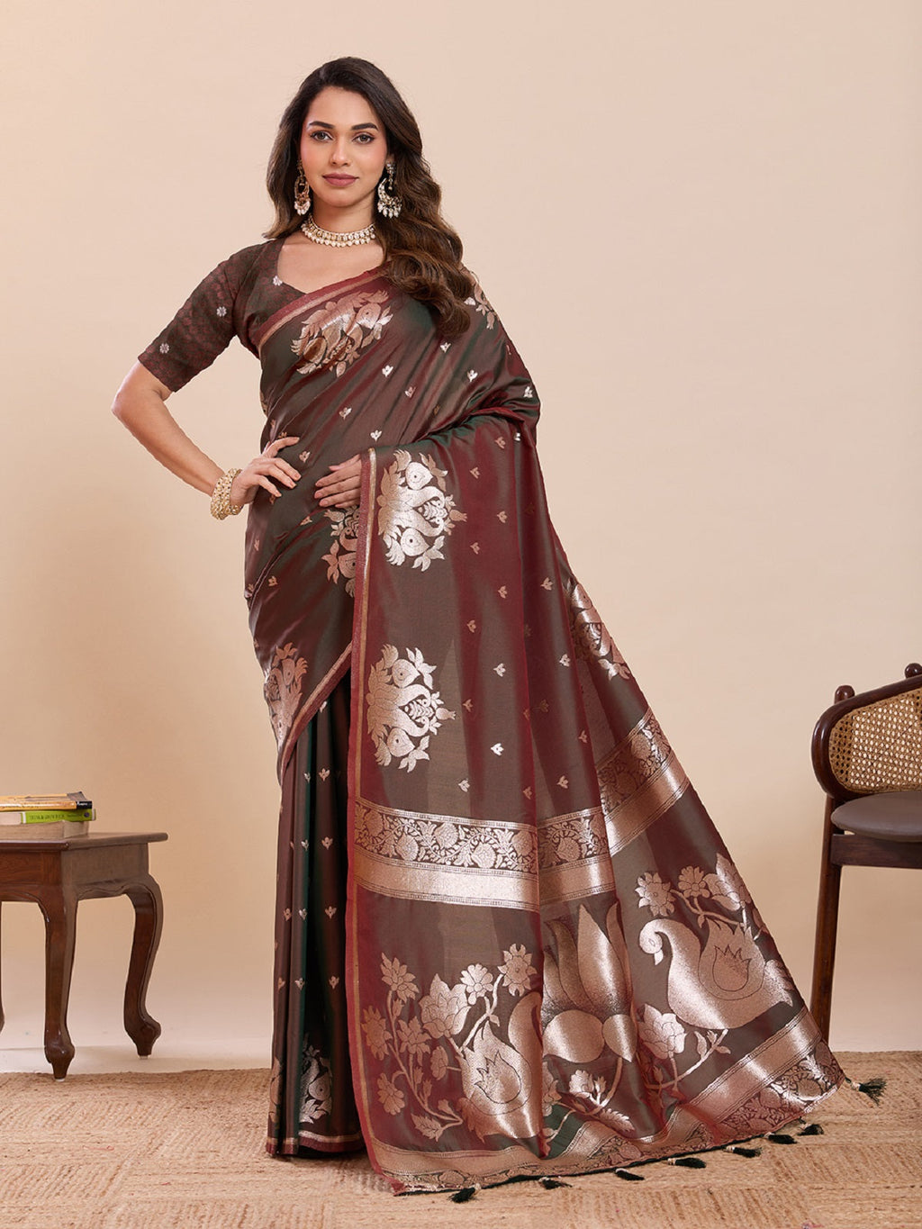 Dwija Fashion Chocolate Brown Wedding Wear Paithani Silk Jari Weaving On All Over Saree With Unstitched Blouse | Grocsy