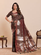 Dwija Fashion Chocolate Brown Wedding Wear Paithani Silk Jari Weaving On All Over Saree With Unstitched Blouse | Grocsy