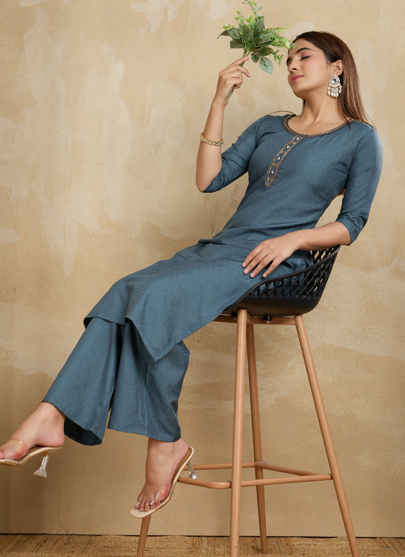 Prazu Fashion Grey Printed Cotton Blend Kurta Pant Set | Grocsy