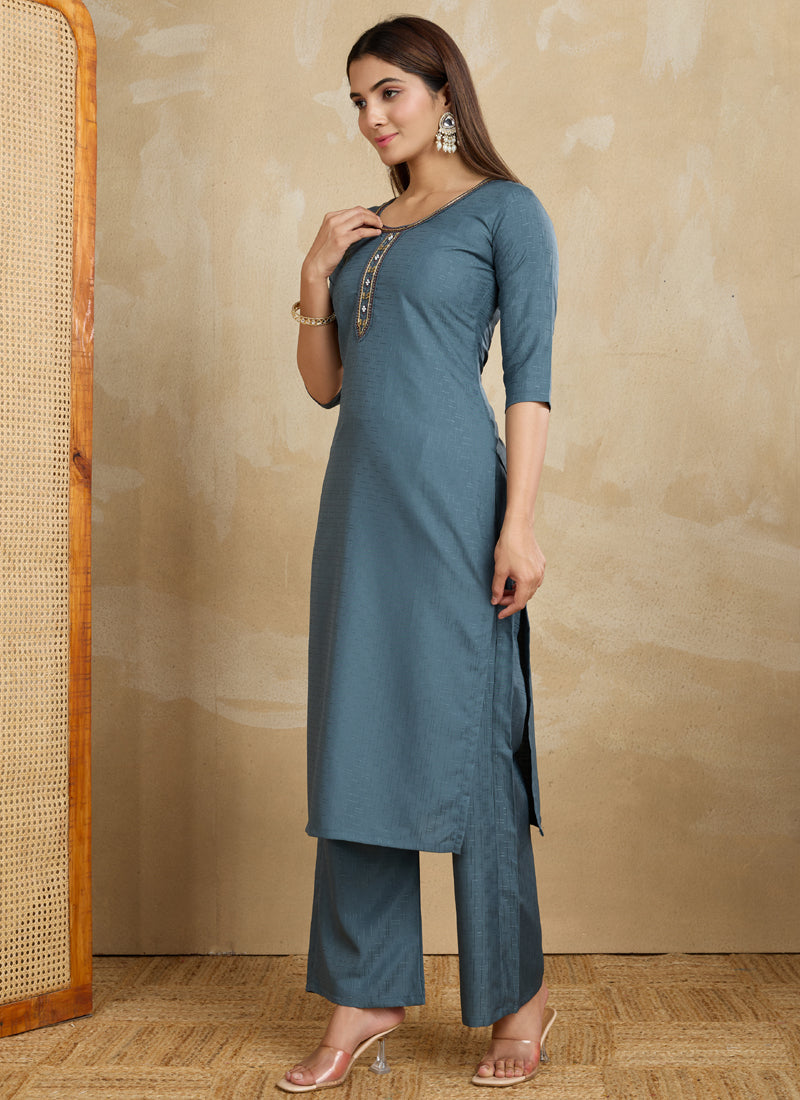 Prazu Fashion Grey Printed Cotton Blend Kurta Pant Set | Grocsy