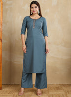 Prazu Fashion Grey Printed Cotton Blend Kurta Pant Set | Grocsy