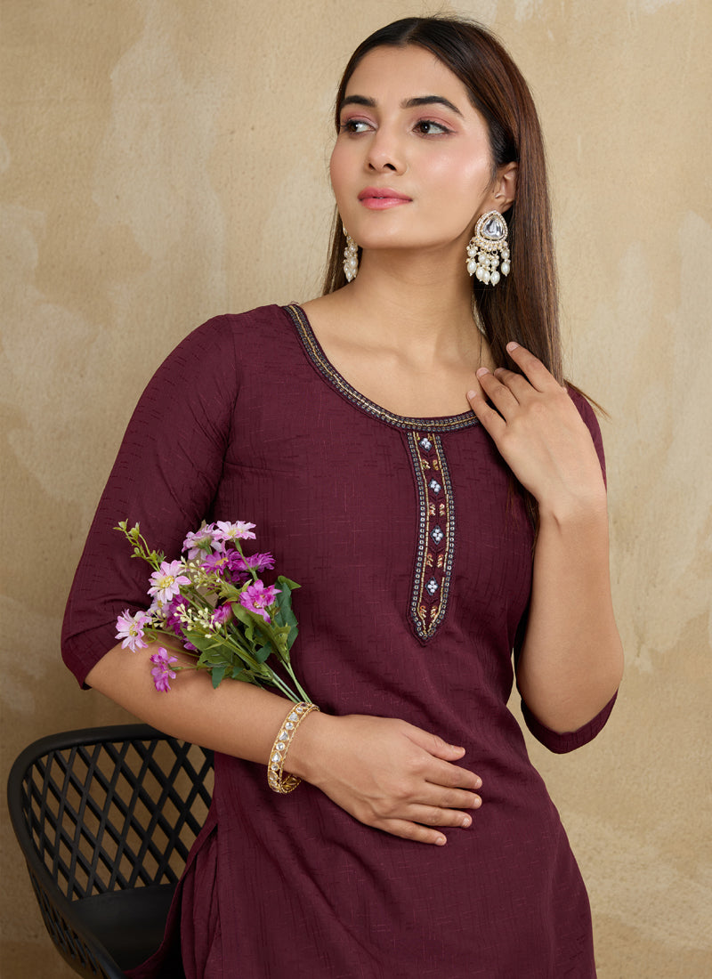 Prazu Fashion Maroon Printed Cotton Blend Kurta Pant Set | Grocsy