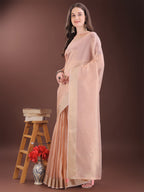 Shree Shyam Fashion Elegant Peach Organza Saree with Zari Border | Lightweight Transparent Saree with Blouse Piece for Festive & Daily Wear | Grocsy