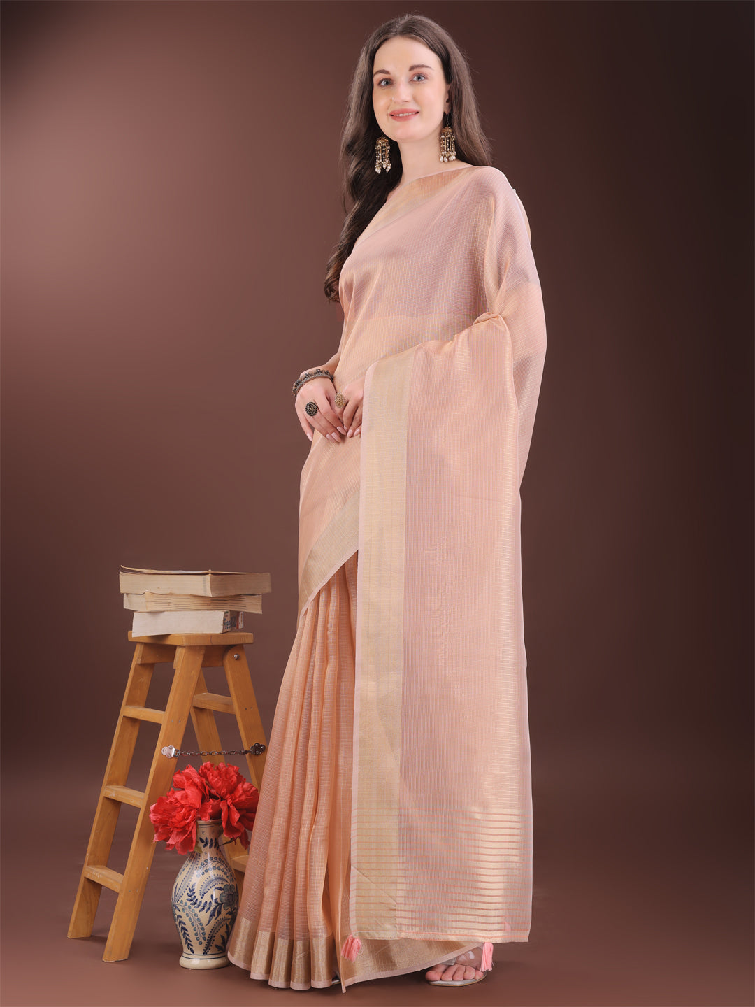 Shree Shyam Fashion Elegant Peach Organza Saree with Zari Border | Lightweight Transparent Saree with Blouse Piece for Festive & Daily Wear | Grocsy