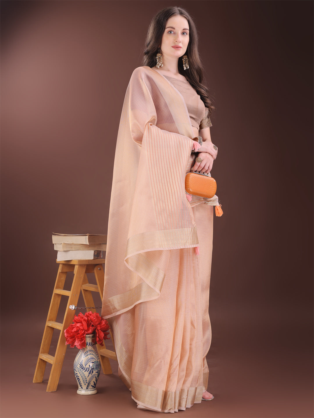 Shree Shyam Fashion Elegant Peach Organza Saree with Zari Border | Lightweight Transparent Saree with Blouse Piece for Festive & Daily Wear | Grocsy