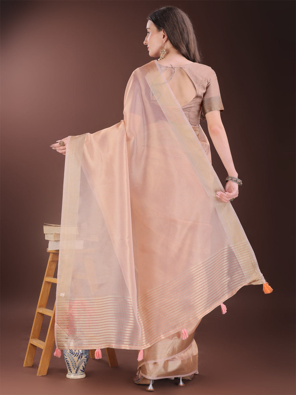 Shree Shyam Fashion Elegant Peach Organza Saree with Zari Border | Lightweight Transparent Saree with Blouse Piece for Festive & Daily Wear | Grocsy