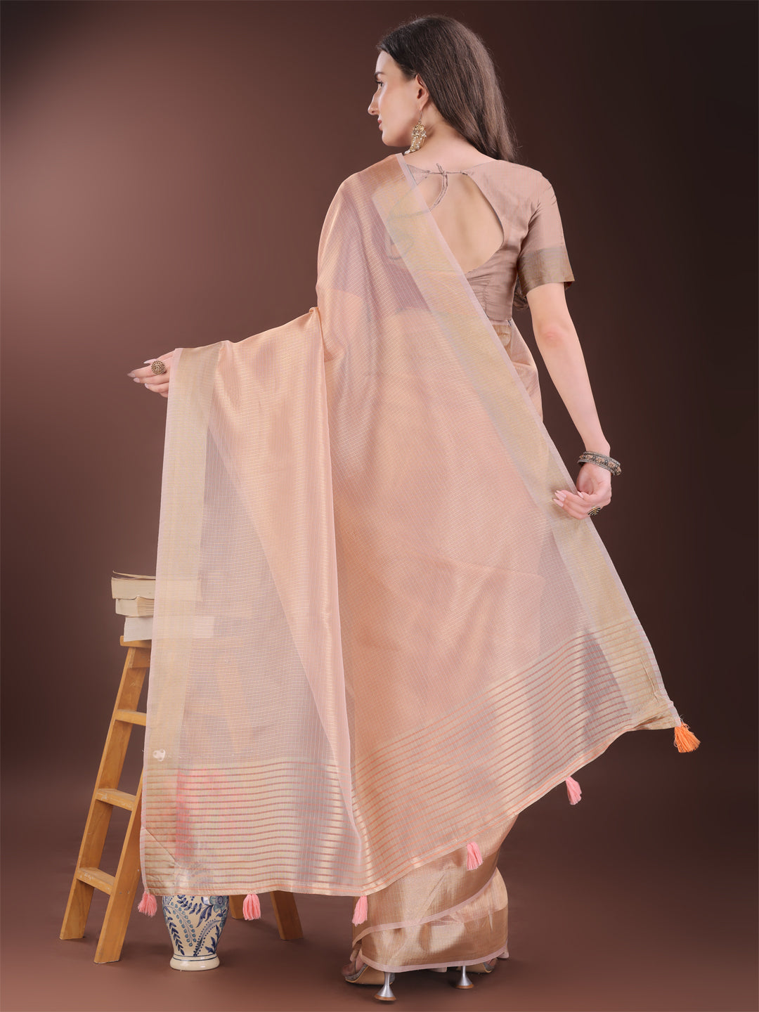 Shree Shyam Fashion Elegant Peach Organza Saree with Zari Border | Lightweight Transparent Saree with Blouse Piece for Festive & Daily Wear | Grocsy