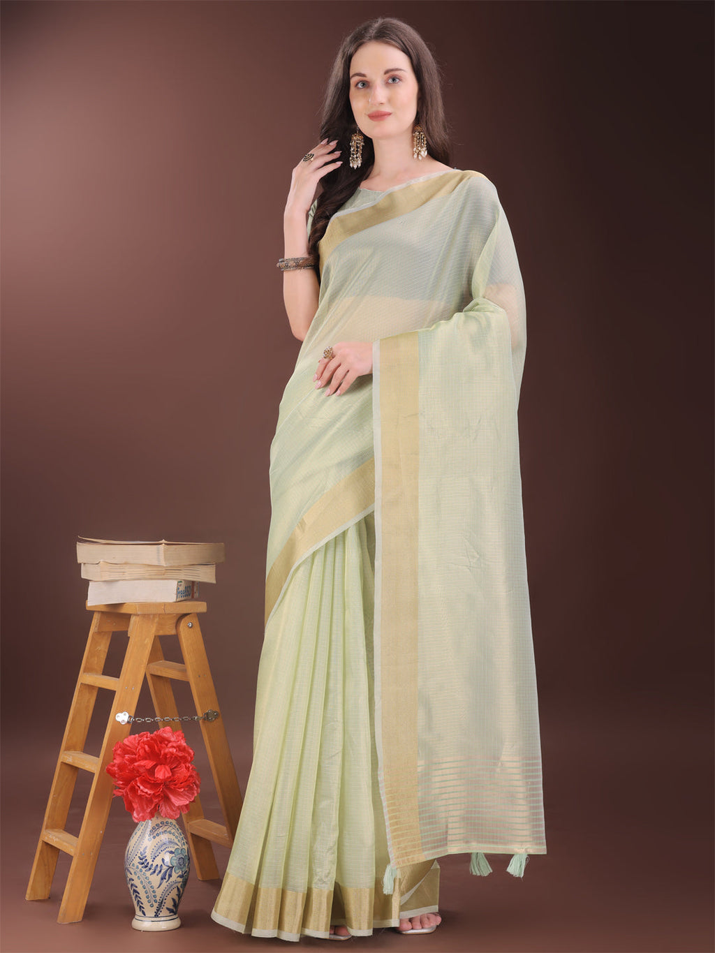 Shree Shyam Fashion Elegant Light Green Organza Saree with Zari Border | Lightweight Transparent Saree with Blouse Piece for Festive & Daily Wear | Grocsy
