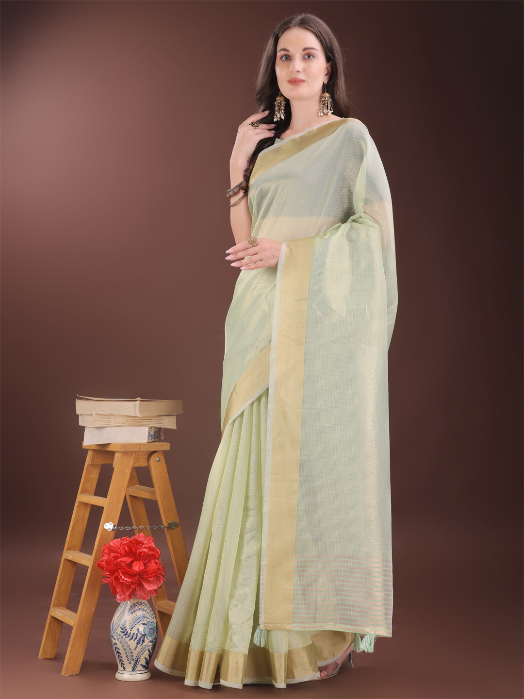 Shree Shyam Fashion Elegant Light Green Organza Saree with Zari Border | Lightweight Transparent Saree with Blouse Piece for Festive & Daily Wear | Grocsy