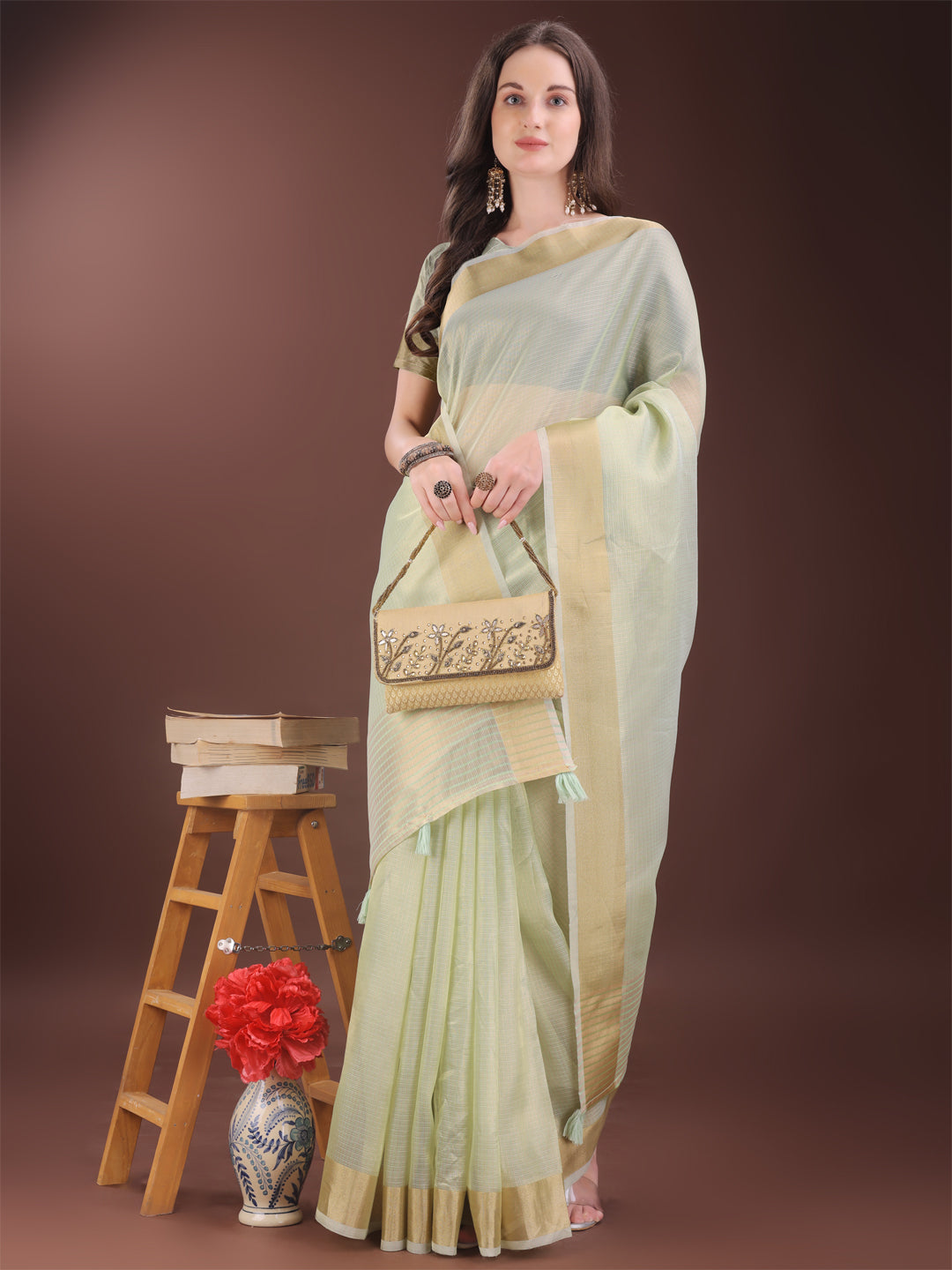 Shree Shyam Fashion Elegant Light Green Organza Saree with Zari Border | Lightweight Transparent Saree with Blouse Piece for Festive & Daily Wear | Grocsy