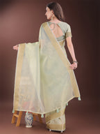 Shree Shyam Fashion Elegant Light Green Organza Saree with Zari Border | Lightweight Transparent Saree with Blouse Piece for Festive & Daily Wear | Grocsy