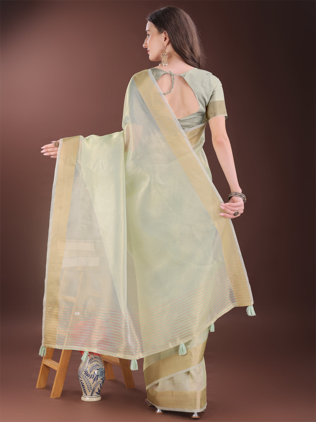 Shree Shyam Fashion Elegant Light Green Organza Saree with Zari Border | Lightweight Transparent Saree with Blouse Piece for Festive & Daily Wear | Grocsy