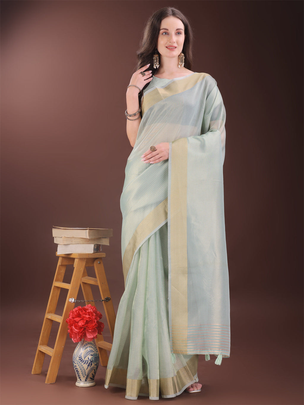 Shree Shyam Fashion Elegant Sky Blue Organza Saree with Zari Border | Lightweight Transparent Saree with Blouse Piece for Festive & Daily Wear | Grocsy