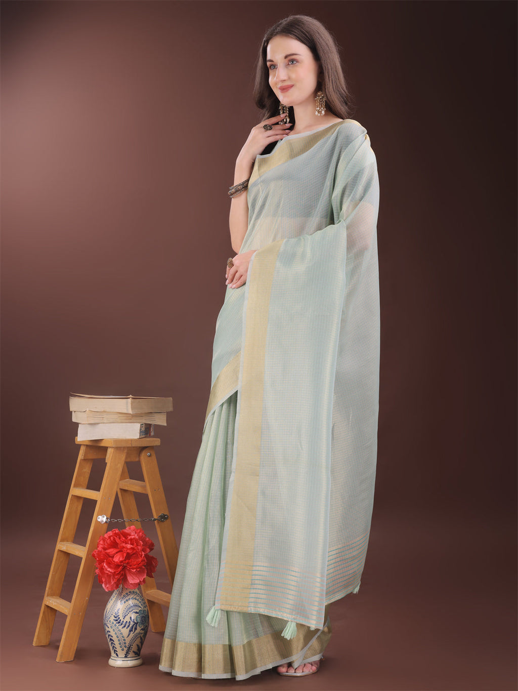 Shree Shyam Fashion Elegant Sky Blue Organza Saree with Zari Border | Lightweight Transparent Saree with Blouse Piece for Festive & Daily Wear | Grocsy