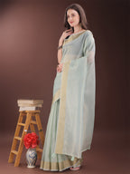 Shree Shyam Fashion Elegant Sky Blue Organza Saree with Zari Border | Lightweight Transparent Saree with Blouse Piece for Festive & Daily Wear | Grocsy