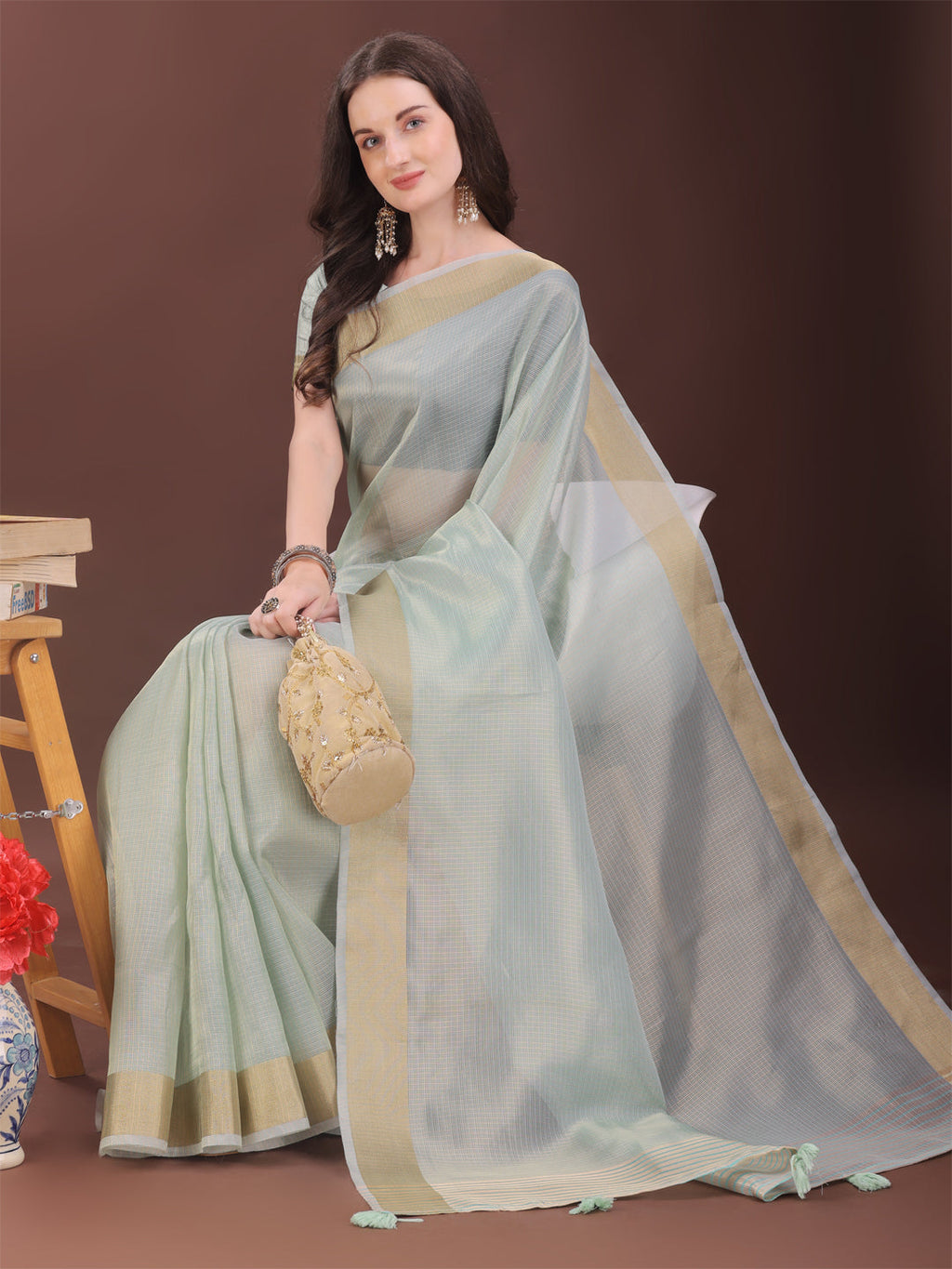 Shree Shyam Fashion Elegant Sky Blue Organza Saree with Zari Border | Lightweight Transparent Saree with Blouse Piece for Festive & Daily Wear | Grocsy