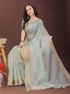 Shree Shyam Fashion Elegant Sky Blue Organza Saree with Zari Border | Lightweight Transparent Saree with Blouse Piece for Festive & Daily Wear | Grocsy