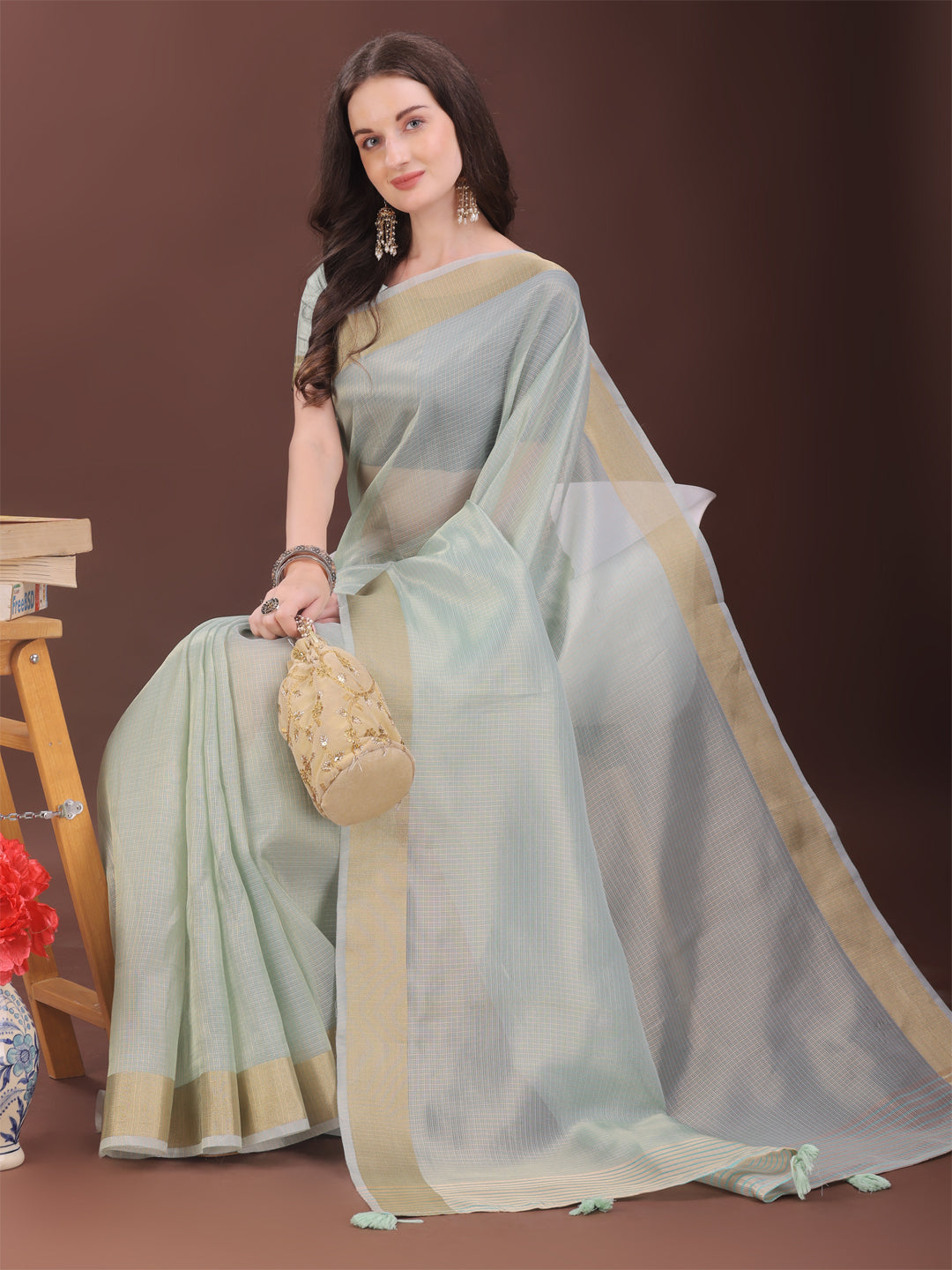 Shree Shyam Fashion Elegant Sky Blue Organza Saree with Zari Border | Lightweight Transparent Saree with Blouse Piece for Festive & Daily Wear | Grocsy