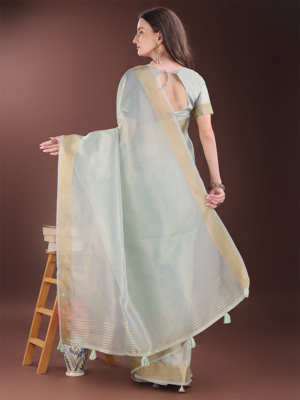 Shree Shyam Fashion Elegant Sky Blue Organza Saree with Zari Border | Lightweight Transparent Saree with Blouse Piece for Festive & Daily Wear | Grocsy