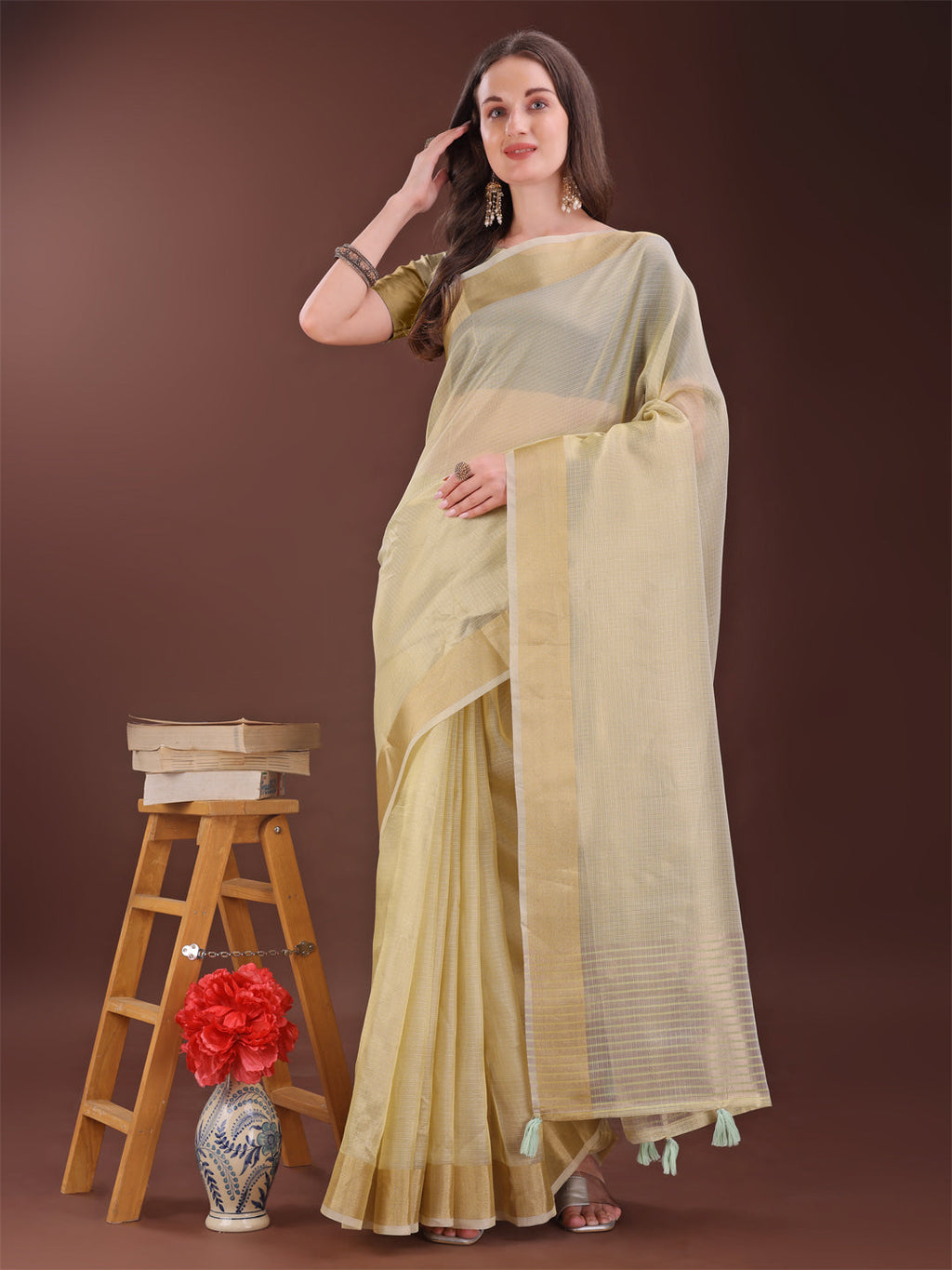 Shree Shyam Fashion Elegant Light Yellow Organza Saree with Zari Border | Lightweight Transparent Saree with Blouse Piece for Festive & Daily Wear | Grocsy
