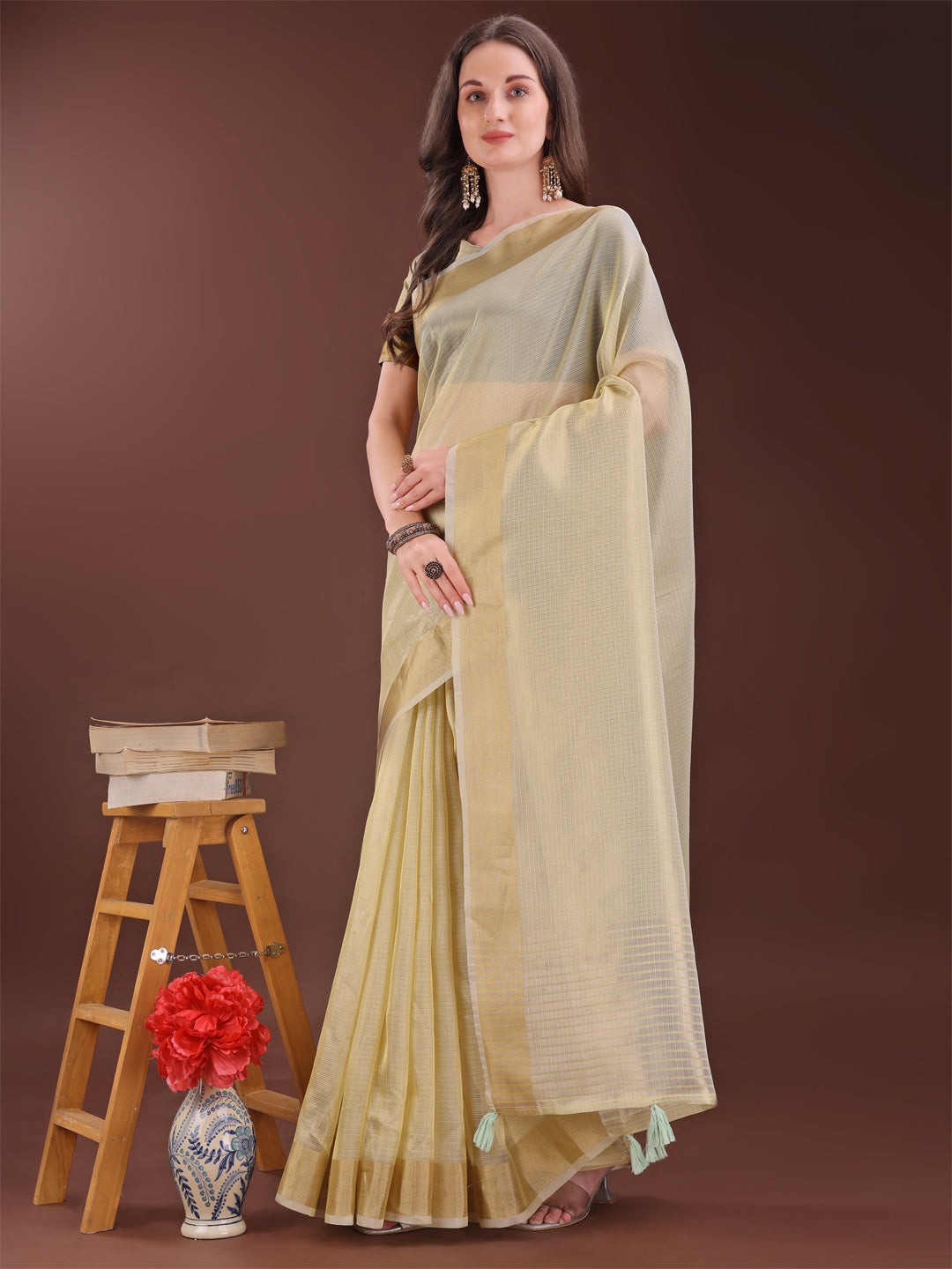 Shree Shyam Fashion Elegant Light Yellow Organza Saree with Zari Border | Lightweight Transparent Saree with Blouse Piece for Festive & Daily Wear | Grocsy