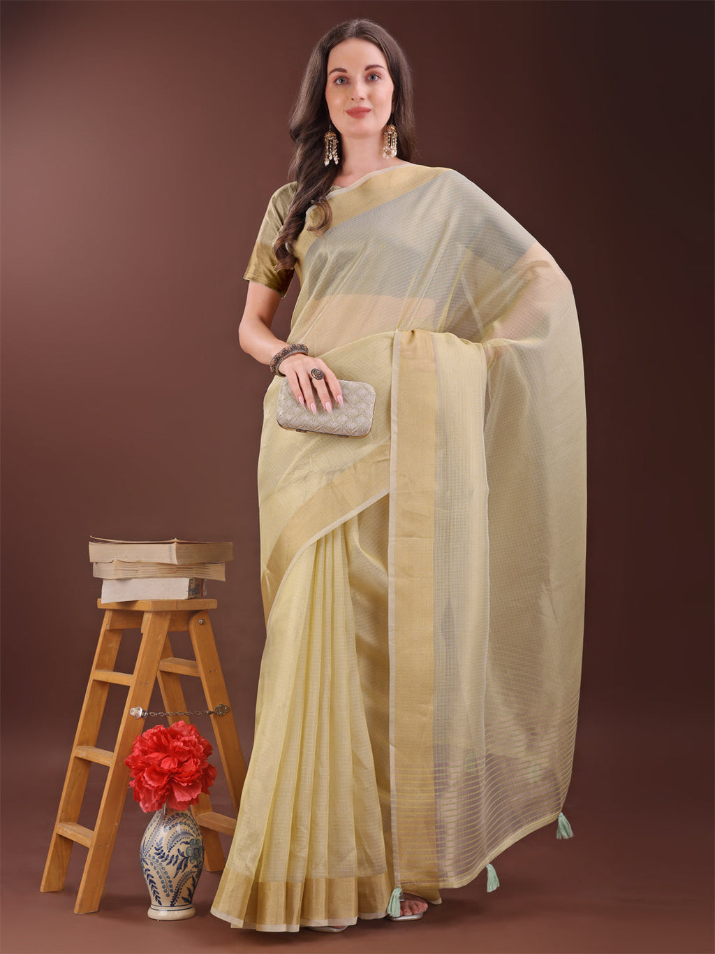 Shree Shyam Fashion Elegant Light Yellow Organza Saree with Zari Border | Lightweight Transparent Saree with Blouse Piece for Festive & Daily Wear | Grocsy