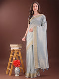 Shree Shyam Fashion Elegant Grey Organza Saree with Zari Border | Lightweight Transparent Saree with Blouse Piece for Festive & Daily Wear | Grocsy
