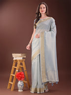 Shree Shyam Fashion Elegant Grey Organza Saree with Zari Border | Lightweight Transparent Saree with Blouse Piece for Festive & Daily Wear | Grocsy