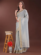 Shree Shyam Fashion Elegant Grey Organza Saree with Zari Border | Lightweight Transparent Saree with Blouse Piece for Festive & Daily Wear | Grocsy