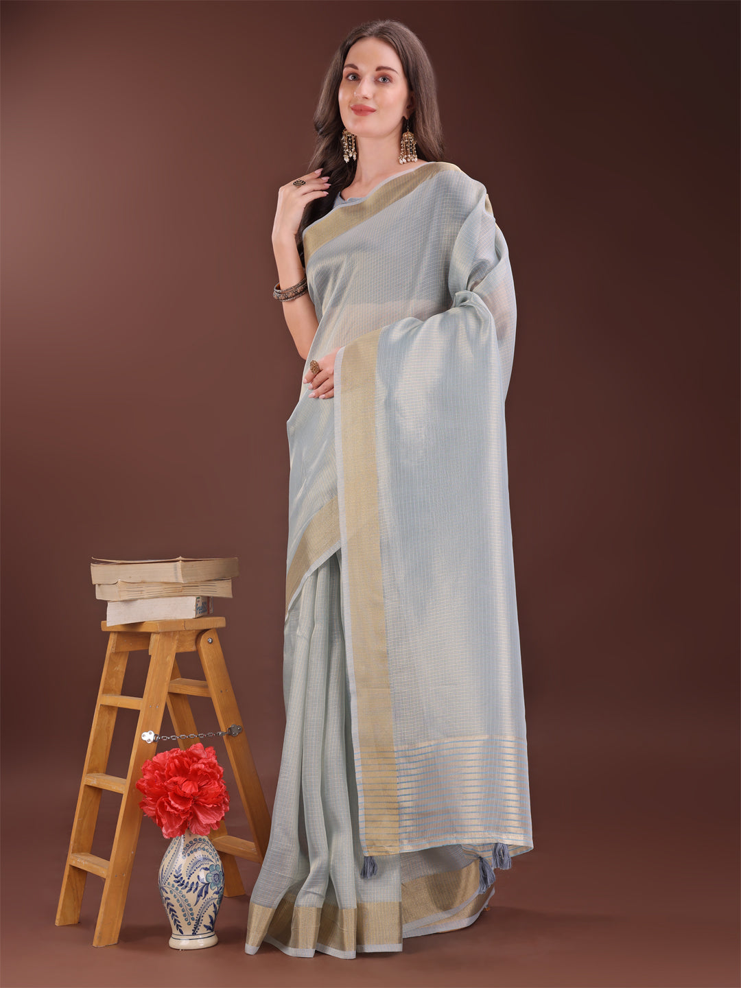 Shree Shyam Fashion Elegant Grey Organza Saree with Zari Border | Lightweight Transparent Saree with Blouse Piece for Festive & Daily Wear | Grocsy