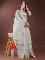Shree Shyam Fashion Elegant Grey Organza Saree with Zari Border | Lightweight Transparent Saree with Blouse Piece for Festive & Daily Wear | Grocsy