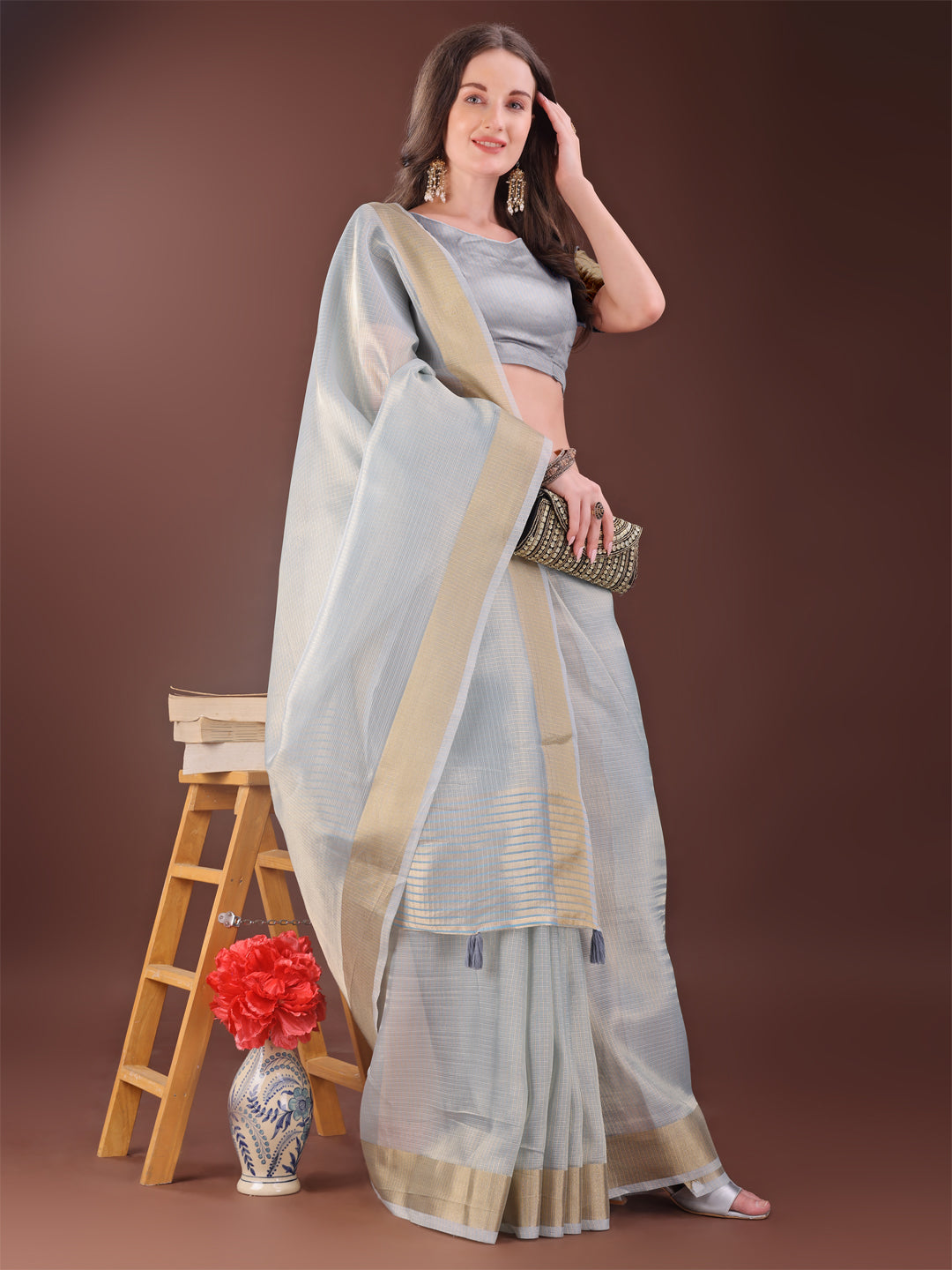 Shree Shyam Fashion Elegant Grey Organza Saree with Zari Border | Lightweight Transparent Saree with Blouse Piece for Festive & Daily Wear | Grocsy