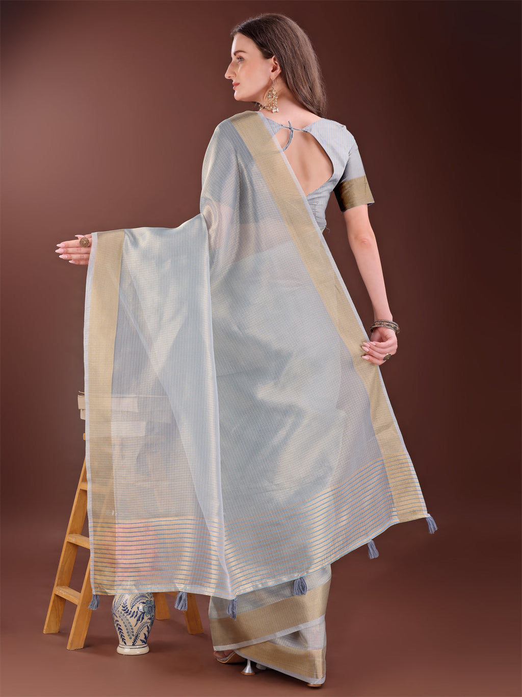 Shree Shyam Fashion Elegant Grey Organza Saree with Zari Border | Lightweight Transparent Saree with Blouse Piece for Festive & Daily Wear | Grocsy
