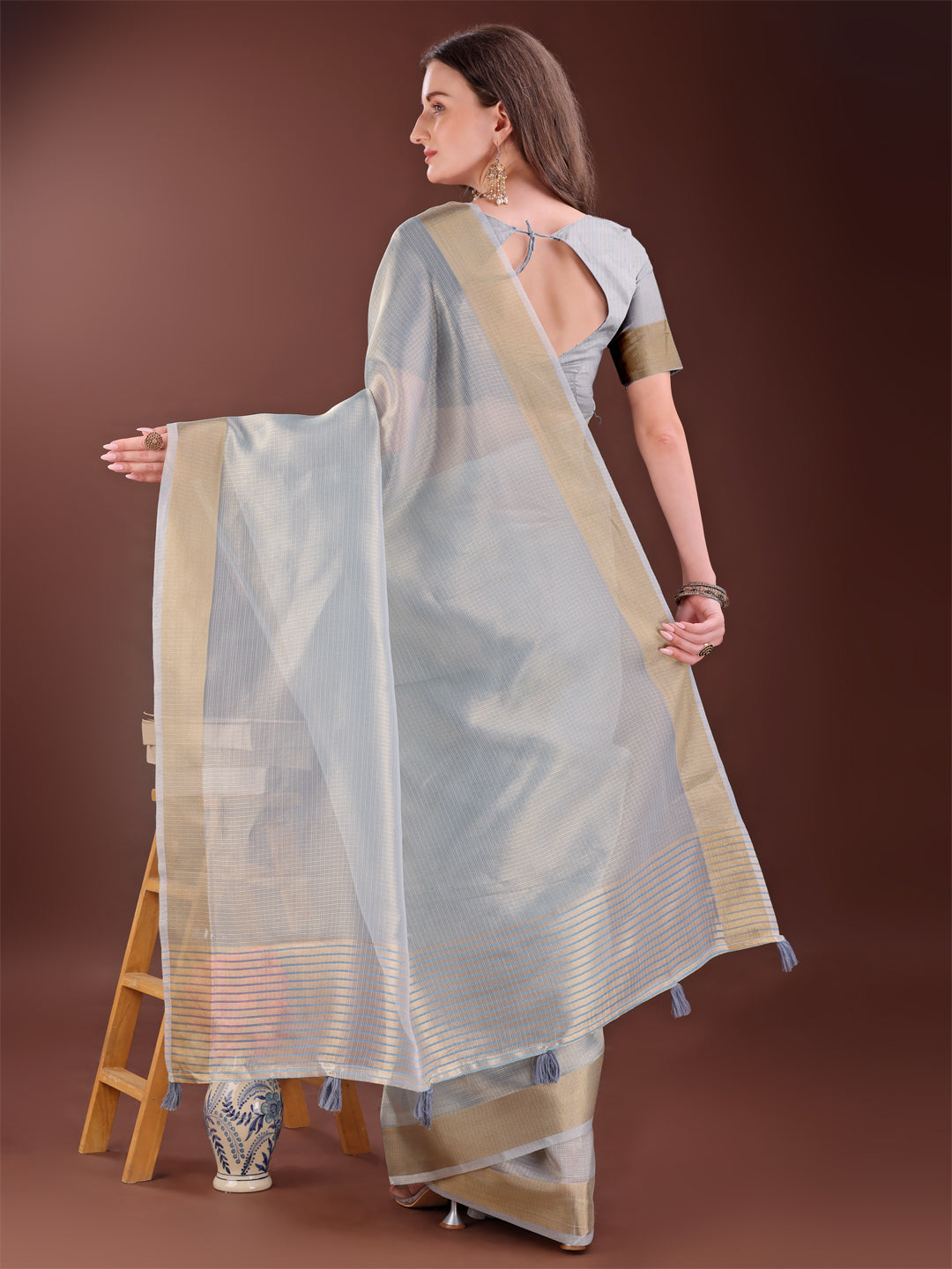 Shree Shyam Fashion Elegant Grey Organza Saree with Zari Border | Lightweight Transparent Saree with Blouse Piece for Festive & Daily Wear | Grocsy