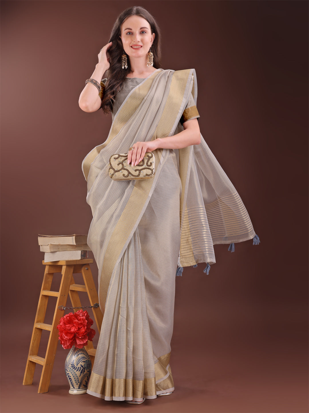 Shree Shyam Fashion Elegant Brown Organza Saree with Zari Border | Lightweight Transparent Saree with Blouse Piece for Festive & Daily Wear | Grocsy