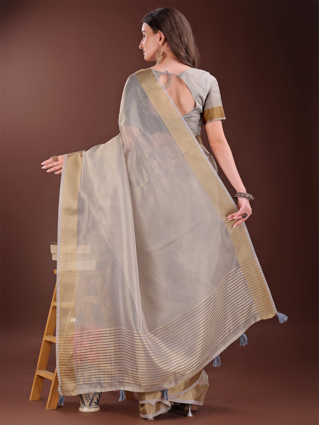 Shree Shyam Fashion Elegant Brown Organza Saree with Zari Border | Lightweight Transparent Saree with Blouse Piece for Festive & Daily Wear | Grocsy