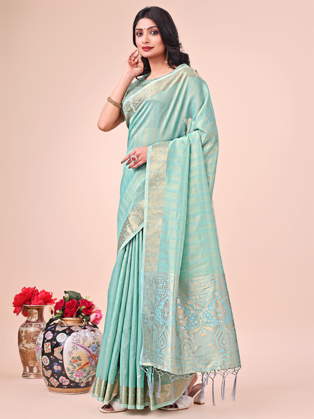 Shree Shyam Fashion Teal Organza Saree - Ethereal Sophistication in Every Fold | Grocsy