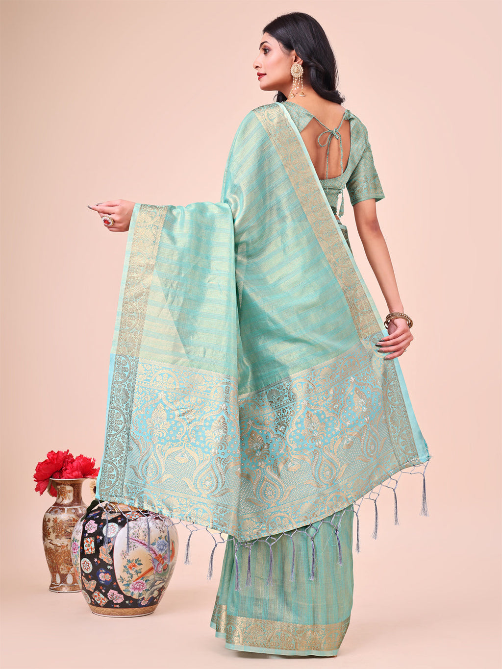 Shree Shyam Fashion Teal Organza Saree - Ethereal Sophistication in Every Fold | Grocsy