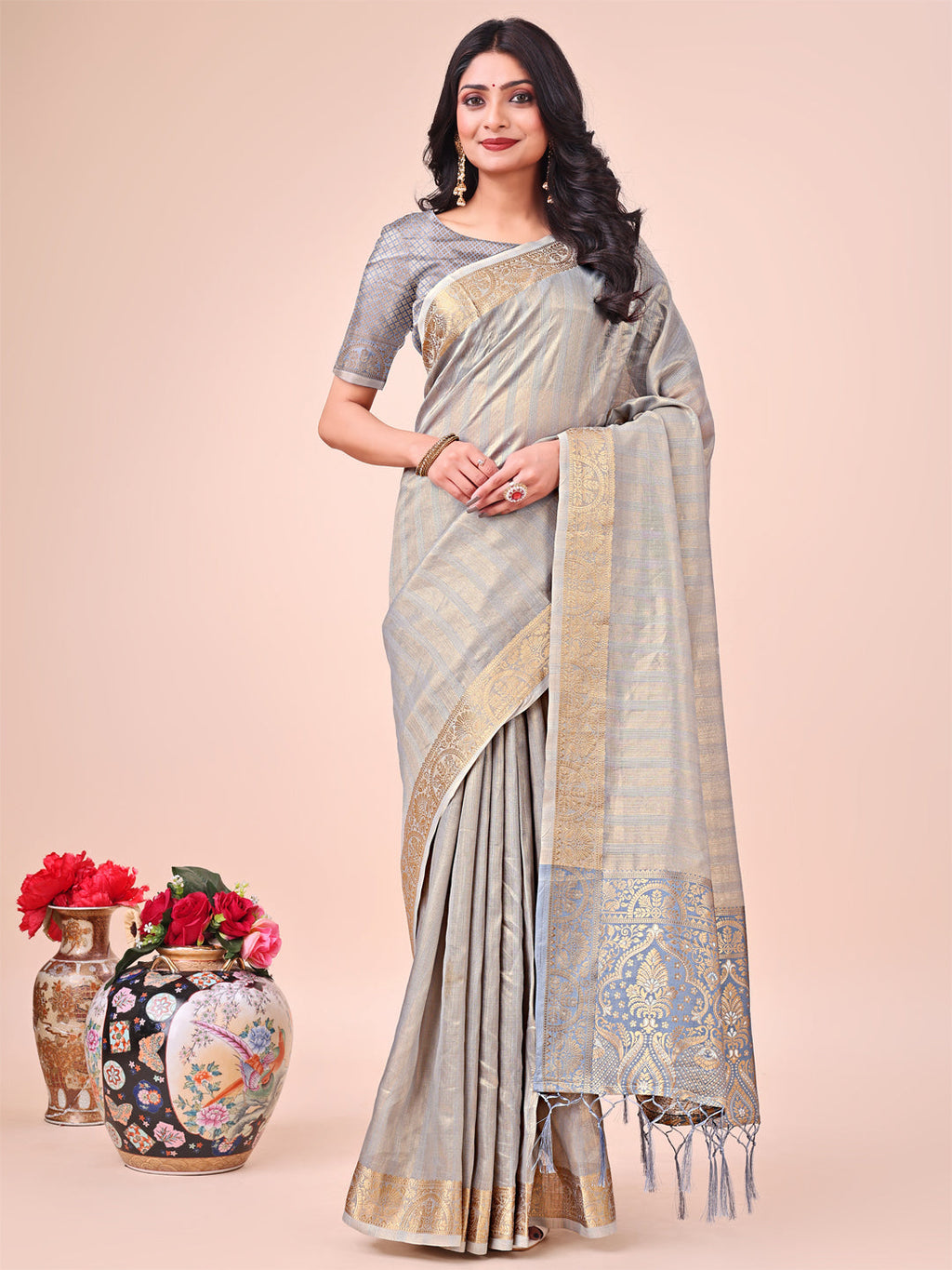 Shree Shyam Fashion Light Grey Organza Saree - Ethereal Sophistication in Every Fold | Grocsy