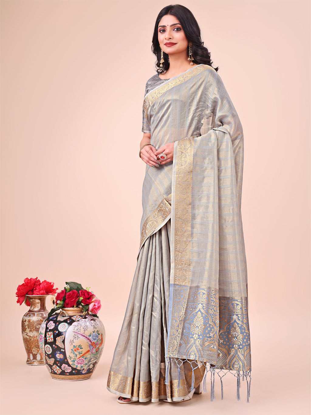 Shree Shyam Fashion Light Grey Organza Saree - Ethereal Sophistication in Every Fold | Grocsy