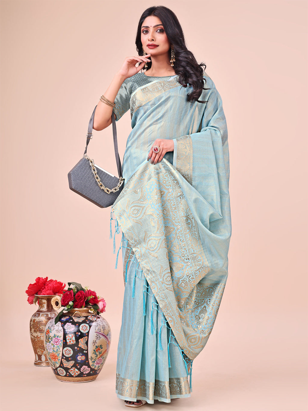 Shree Shyam Fashion Light Blue Organza Saree - Ethereal Sophistication in Every Fold | Grocsy