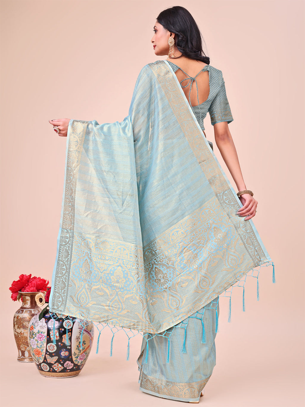 Shree Shyam Fashion Light Blue Organza Saree - Ethereal Sophistication in Every Fold | Grocsy