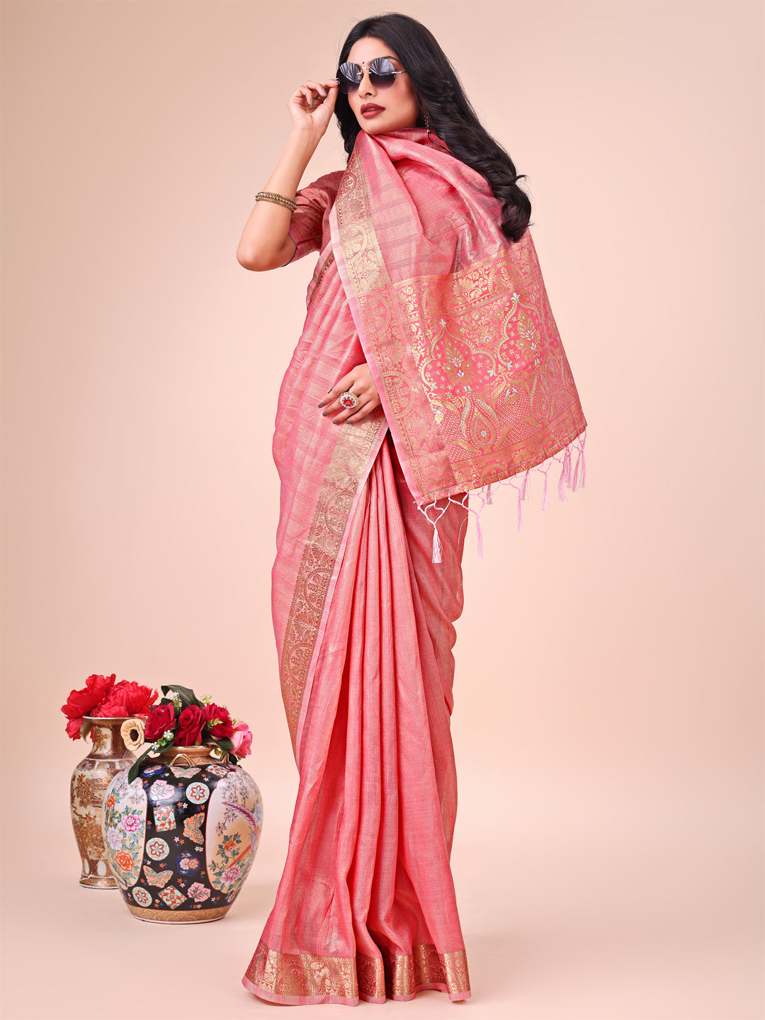 Shree Shyam Fashion Light Peach Organza Saree - Ethereal Sophistication in Every Fold | Grocsy